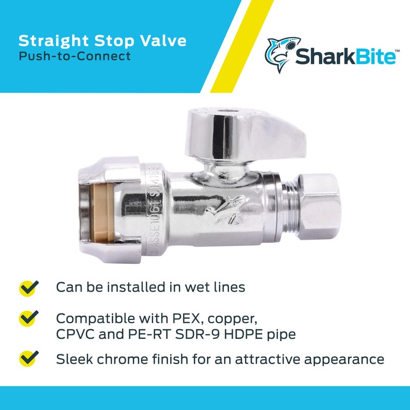 SharkBite 1/2 x 3/8 Inch Compression Straight Stop Valve, Quarter Turn, Push to Connect Brass Plumbing Fitting, PEX Pipe, Copper, CPVC, PE-RT, HDPE, 23037-0000LF - Image 4